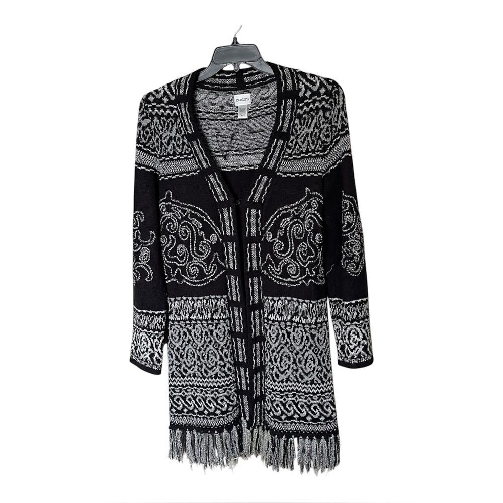 Chico's Wool-Blend Black/White Print Long withFringe Cardigan Sweater Size 1/MED